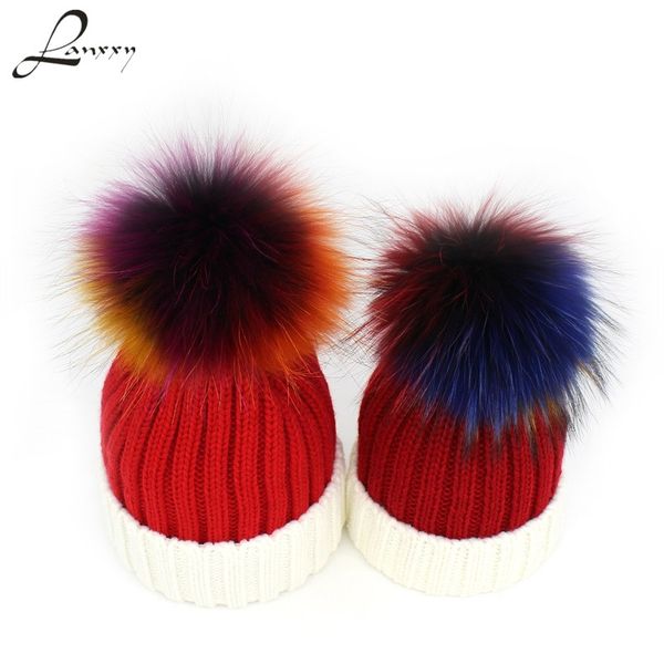 

lanxxy children caps skullies beanies girls hat real fur pompom hats for mother and kids boys girls winter hats knitted cap