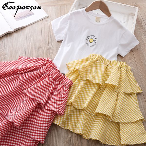

gooporson summer kids clothes flower short sleeve shirt&cake skirt little girls clothing set korean fashion children outfits t200707, White