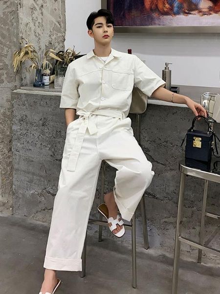 

men summer short sleeve loose casual shirt jumpsuit pant male fashion streetwear hip hop overalls cargo pants harem trousers, Black