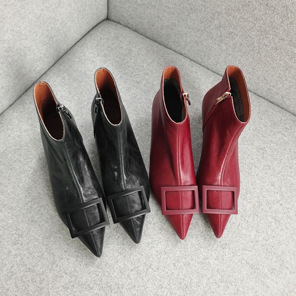 

plus size 33-43 women's genuine leather kitten heel ankkle boots metal buckle pointed toe elegant ladies short booties shoes, Black