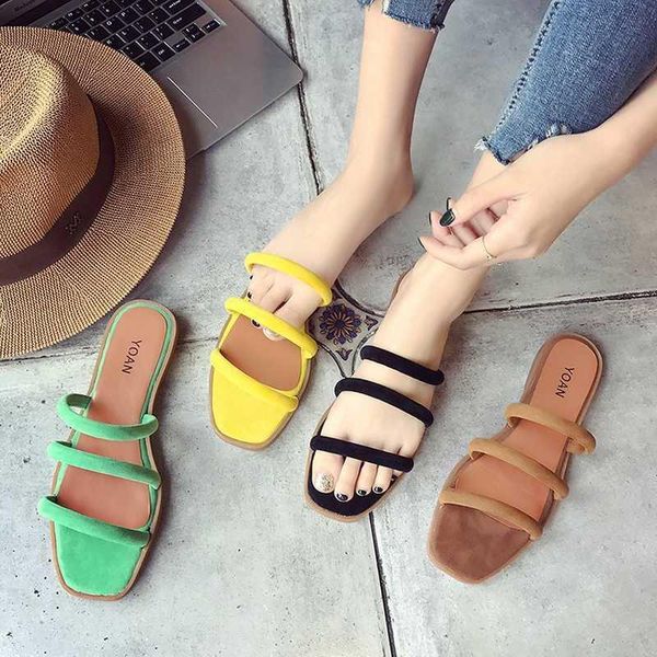 

summer new suede flat open toe beach sandals women outdoor solid platform word female shoes slippers, Black