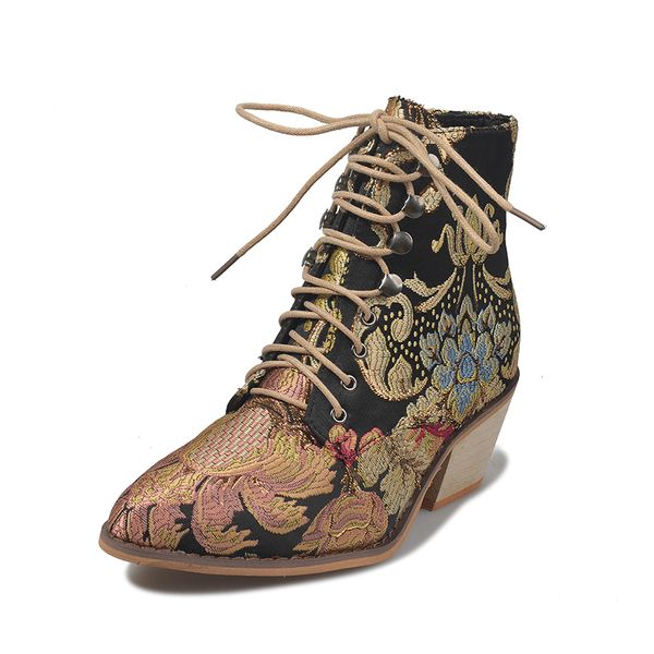 

2019 new luxury silk boots for women ankle boots autumn winter embroidered motorcycle for women lace shoes, Black