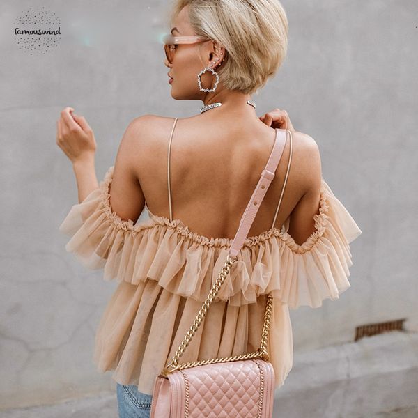 

blouse elegant strap ruffle mesh summer women v neck off shoulder holiday blouse streetwear peplum, White