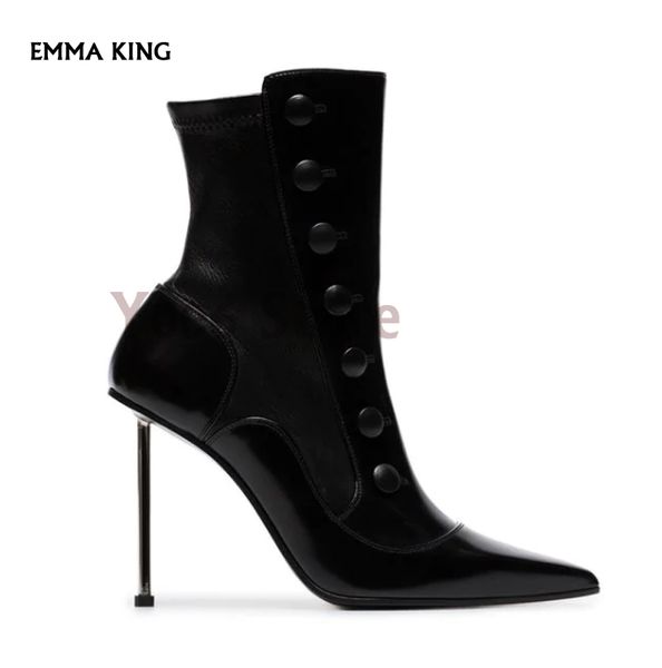 

spring/autumn pointed toe side zip ankle boots women faux button detail botas mujer high stiletto heel shoes woman ladies heels, Black