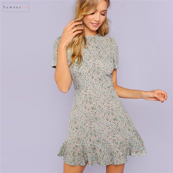 

multicolor allover floral dresses print hem ruffle textured kimono sleeve elegant casual fit and flare women a line summer dress, Black;gray