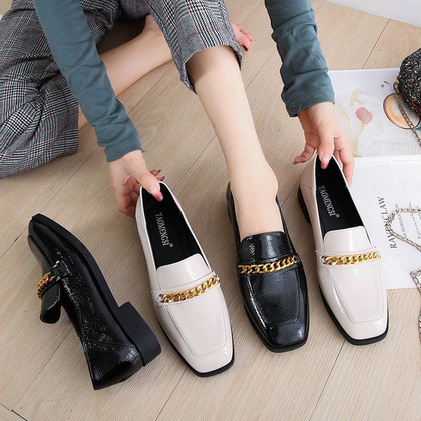 

metal chain pu leather flats women square toe moccasins ladies loafers low chunky heels shoes woman platform sneakers size 42/44, Black