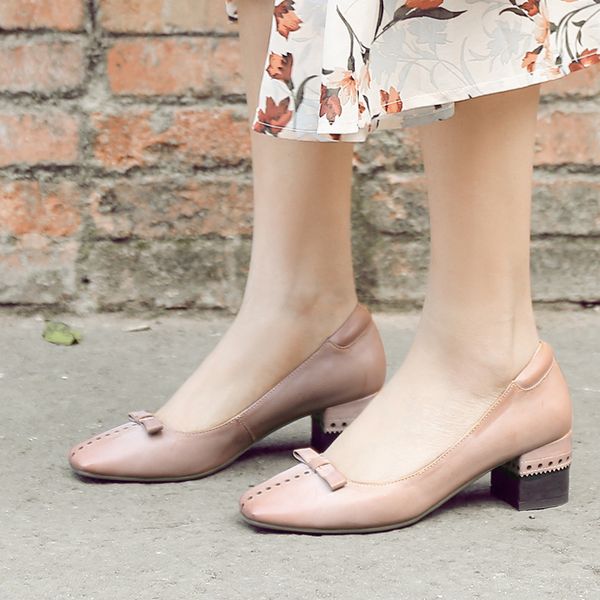 

high heels women pumps shoes new brand genuine leather women med heels dress shoes for office lady vintage handmade, Black