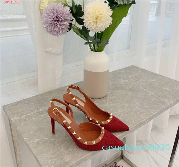 

elegant women slingback pump in denim designer pointed toe high heel with rivet fashionable high heel sandal with box size 34-40 c30, Black