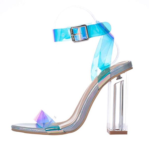 

clear chunky high heel glossy pu ankle strap with buckle 1920s gatsby sandal fashion party wedding, Black
