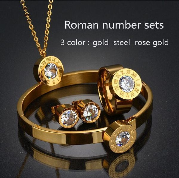 

Stainless Steel Dubai CZ Ring Bracelet Earrings Necklace Set Rose Gold Color CZ Stone Jewelry Set for Women