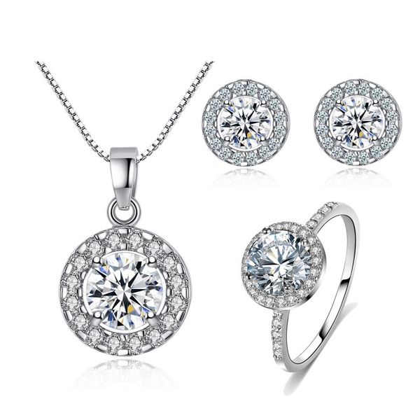 

luxury exquisite women cubic zirconia round ear stud earrings bridal necklace ring jewelry set zircon crystal anniversary gift, Silver