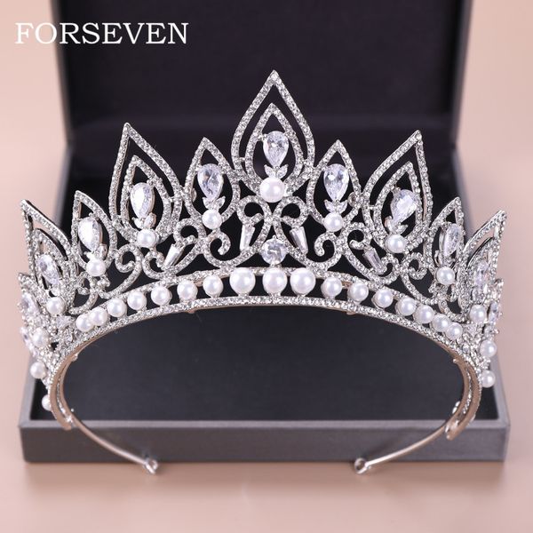 

luxury zircon pearl crown bridal tiara diadem rhinestone pageant crown wedding hair accessories bride headpieces crystal tiaras, Golden;white