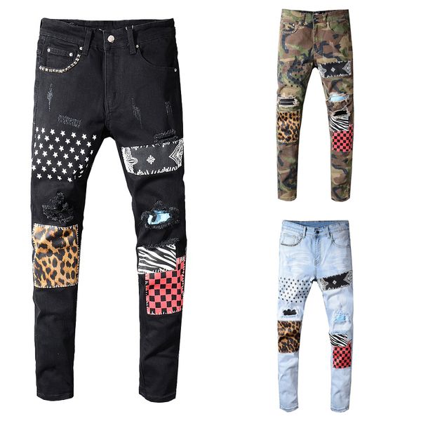 

fashion streetwear men jeans slim fit patch designer ripped jeans men printed punk pants big size 28-40 hip hop, Blue