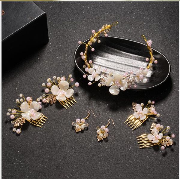 

pearl petal golden leaf suit golden wedding dress with headdress hair comb, Slivery;golden