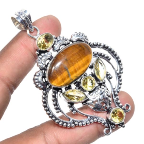 

tiger eye,citrines pendant silver overlay over copper, usa size 77 mm , p5790, Black
