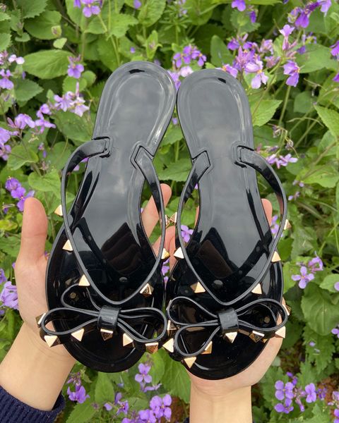 

women slippers rivets big bowknot flip flops designer new beach sandals female flats jelly designer slides shoes, Blue;gray