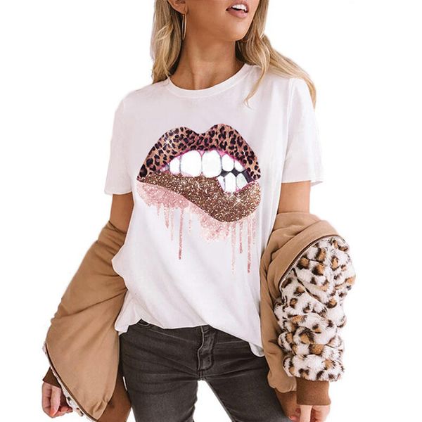 

fashion lips printed women t shirt 7 colors summer short sleeve tees leopard tshirt casual basic real pics, White