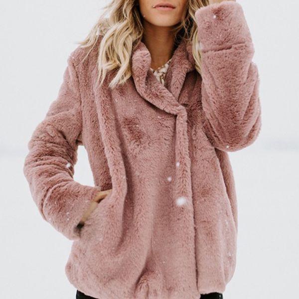 

naiveroo autumn winter overcoat thick warm soft velvet faux fur women coat long sleeve jacket female plush casual outerwear, Black