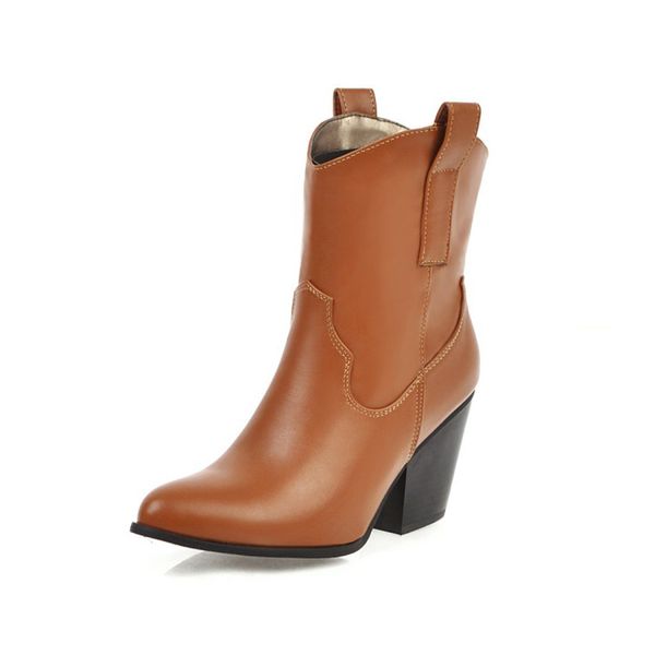 

kalenmos mid calf boots women hoof high heel slip on western boots autumn winter shoes ladies pionted toe brown size 34-44, Black