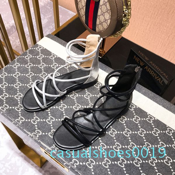 

2020 summer new net red roman open toe flats sandals wild bandage high flat heel women's shoes c19, Black