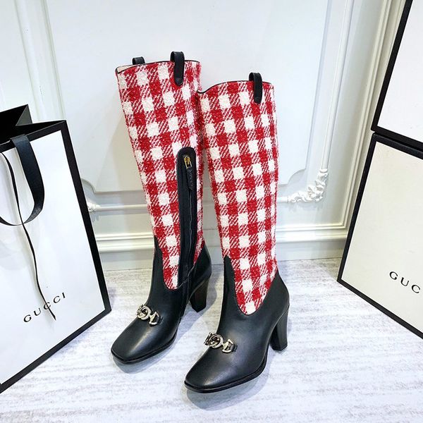 

authentic women's boots new autumn and winter ladies plaid tweed fashion knee boots high-heeled fashion martin boots tide high quality, Black
