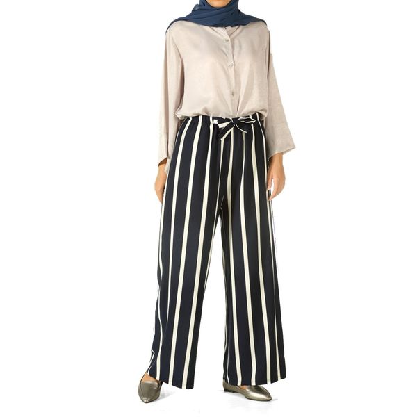 

hijab elastic waist striped pants, Black;white