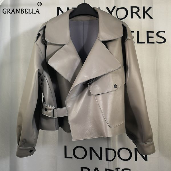 

grey black short loose pu leather coat spring autumn soft faux leather jacket street casual outwear ladies biker jackets
