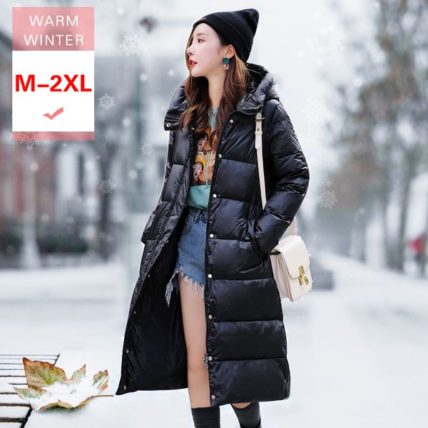 

2019 fashion style women white duck down coat female slim thick long hooded feather jacket warm windproof large size outwear, Black