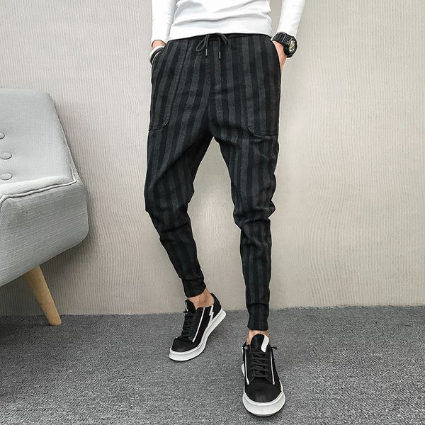 

quality autumn winter woolen pants men brand plus size loose striped harem pants thick warm casual mens joggers hip hop trousers, Black
