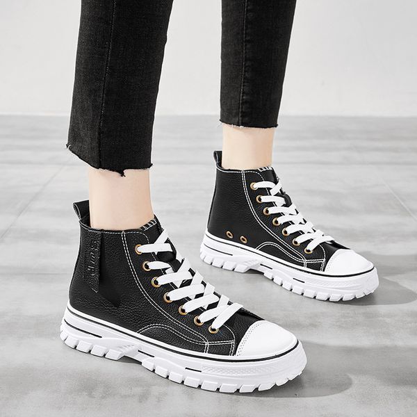 

2019 new style autumn casual versatile thick bottomed hight-athletic shoes women's fashion hight-white shoes genuine lea, Black