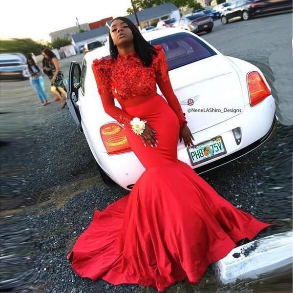 

2019 elegant mermaid african prom dresses 3d flowers long sleeve evening gowns black girl lace applique formal celebrity party dress