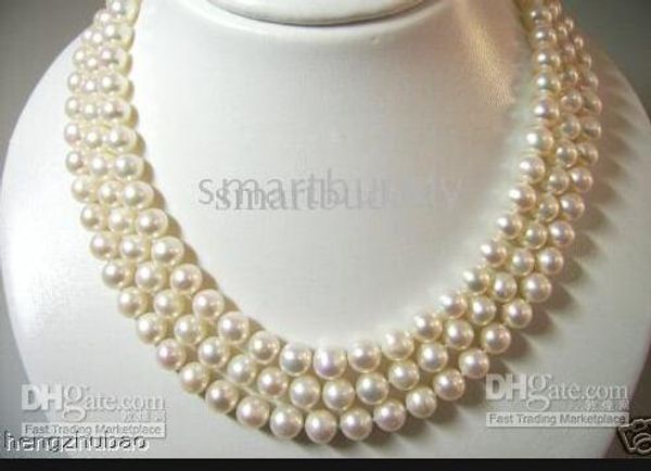 

fine pearl jewelry 100% natural 3-strand 8-9mm japanese akoya white pearls necklace 17"18"19" flower shell clasp, Silver
