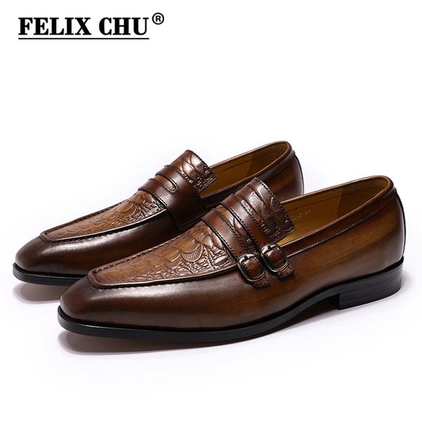 

felix chu casual business men's dress shoes genuine leather crocodile print brown party wedding mens loafers with double buckles, Black