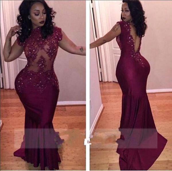 

burgundy south african mermaid long prom dresses 2019 new ankara plus lace appliques beaded backless sheer crew neck evening dresses, Black