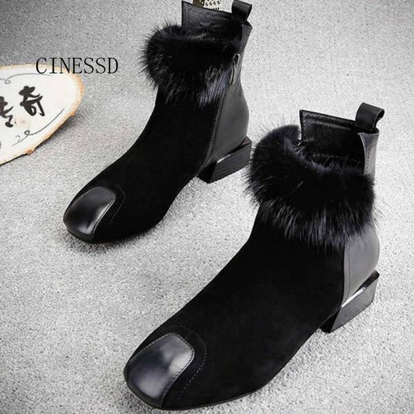 

square toe ankle boots for women furry boots short plush worm botas mujer women shoes size 10 flock ladies shoes, Black