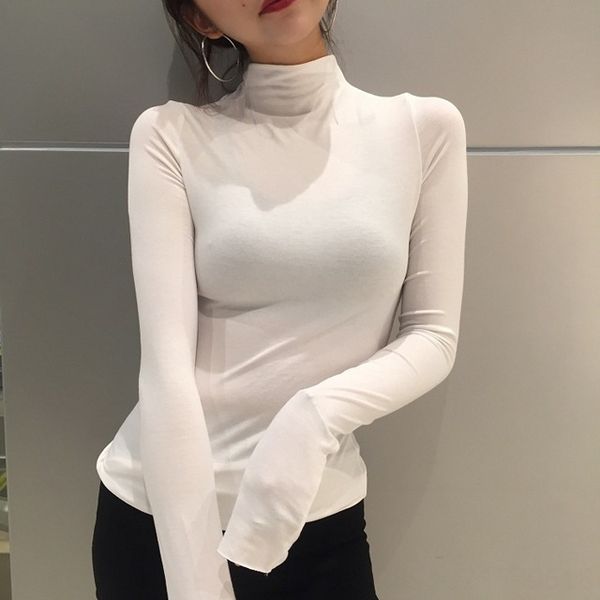 

2020 long sleeve base female shirt solid color high collar slim base shirt girlfriends wear, White