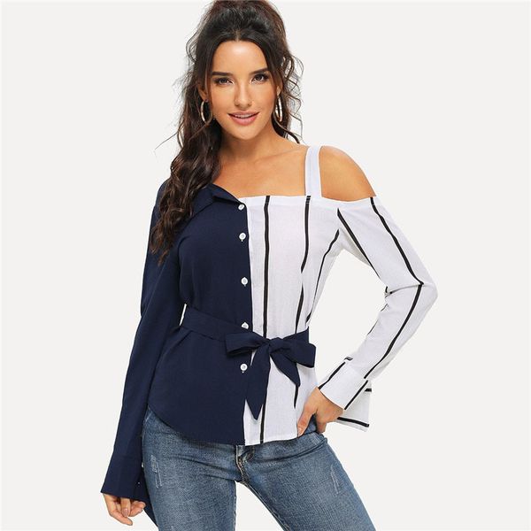 

designer womens blouses navy cold shoulder striped blouse shirt long sleeve women 2019 fashion asymmetrical neck belted, White