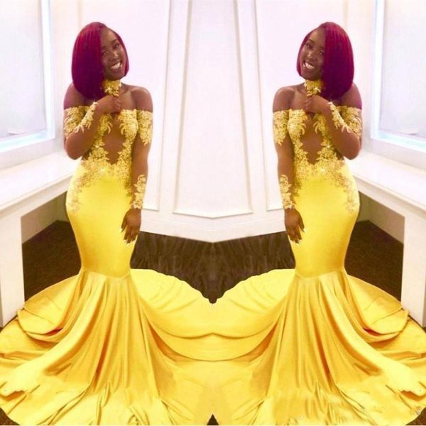 

elegant yellow off the shoulder lace prom dresses 2019 formal long sleeves mermaid arabic dresses appliques satin arabic evening gowns, Black
