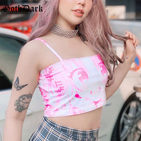 

gpth dark y2k e-girl summer crop kwaii girl cartoon print bodycon tank backless sleeveless women's clothing, White