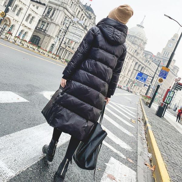 

female warm parka coat winter autumn jacket long women glossy down hooded plus size 2020 lady overcoat outwear quilted black