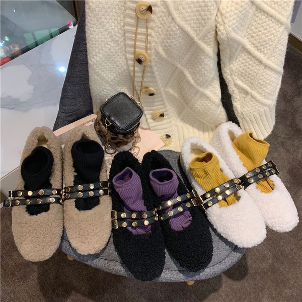 

casual woman shoe shallow mouth women shoes autumn 2019 fashion women's round toe rivets studs female footwear loafers fur fall, Black