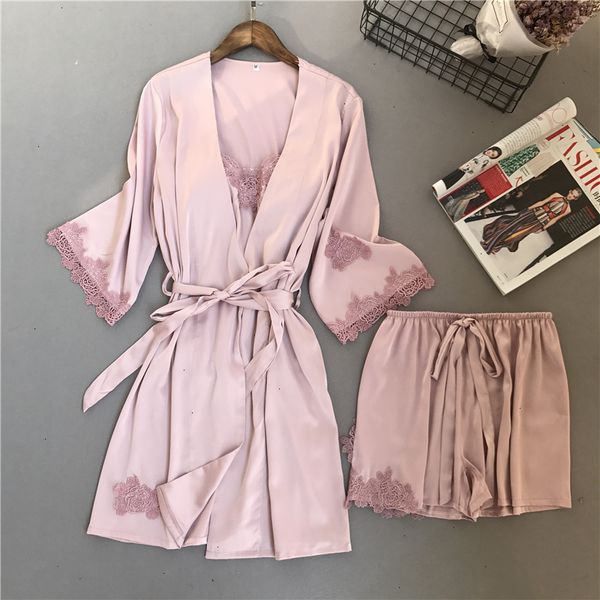 

femme lingeries sleepwear woman quality good 3 v neck pcs embroidery lace shorts women robe set ice silk long sleeve sleepwear, Black;red