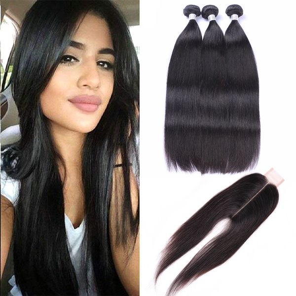

brazilian virgin hair 3 bundles with 2x6 lace closure 4pieces/lot straight human hair extensions wefts with closure, Black;brown