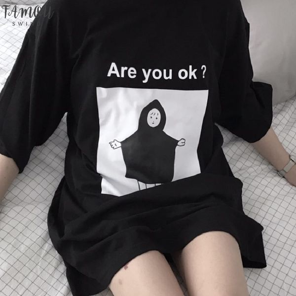 

are you ok casual korean fashion loose o neck five point sleeve cute cartoon japanese harajuku black t shirt female tees, White