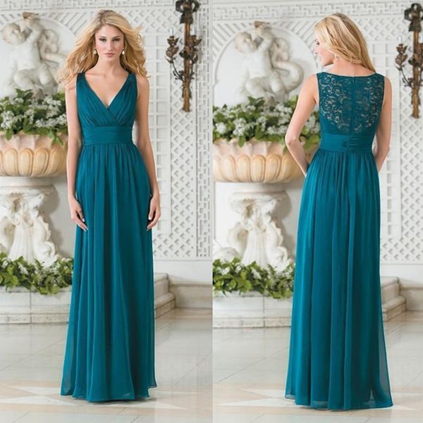 Chiffon jasmim barato vestidos de dama de honra tamanho grande decote em v azul-petróleo rendas costas ocas vestidos de convidados de casamento vestidos de festa