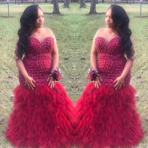 

Dark Red Beaded Prom Dresses South African Plus Size Sexy Sweetheart Evening Dress Tulle Ruffles Sweep Train Women Mermaid Party Gowns