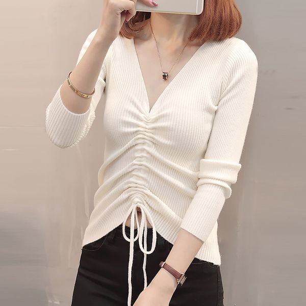 

v-образным вырезом короткий пуловер свитер женщин slim fit вязать топы drawstring зима и осень с длинным рукавом вязать свитер, White;black