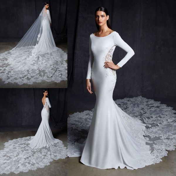

white mermaid lace backless wedding dresses bateau neck long sleeves bridal gowns plus size appliqued robes de mariÃ©e