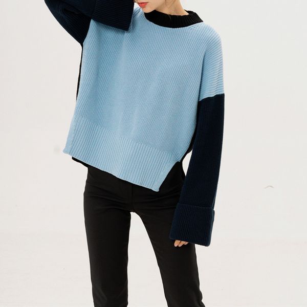 

women hit color sweater casual elegant lady loose o neck long sleeve knitted pullover, White;black