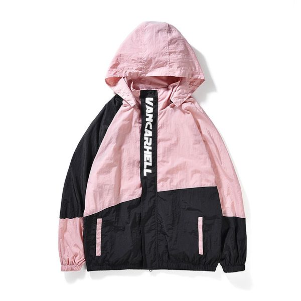 

perhaps u women pink yellow outwear hip hop trend hooded jacket letter print patchwork zipper windbreaker early autumn c0185, Tan;black